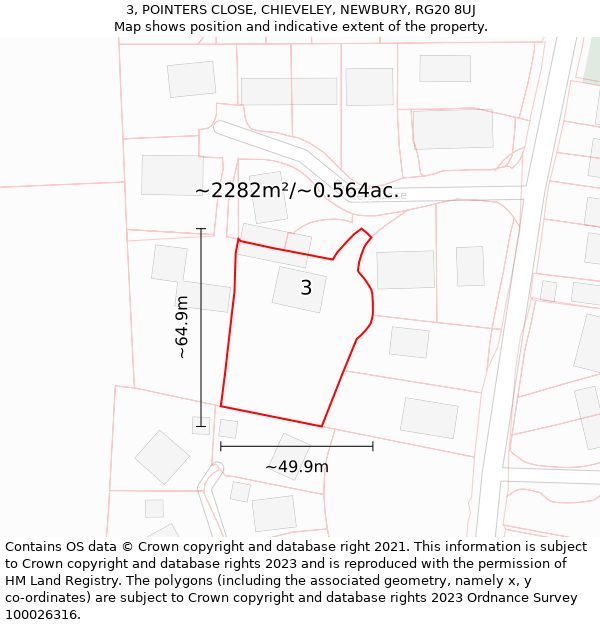 3, POINTERS CLOSE, CHIEVELEY, NEWBURY, RG20 8UJ: Plot and title map