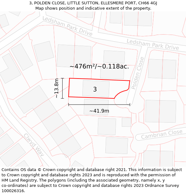 3, POLDEN CLOSE, LITTLE SUTTON, ELLESMERE PORT, CH66 4GJ: Plot and title map