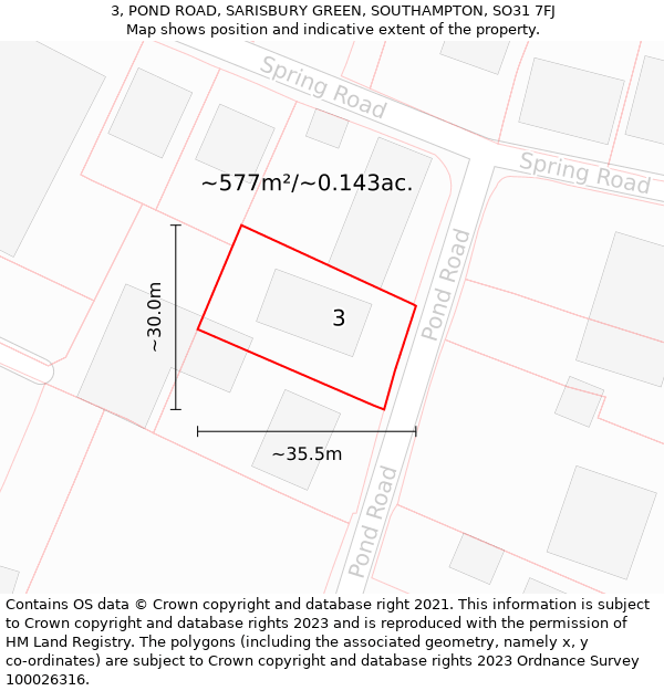 3, POND ROAD, SARISBURY GREEN, SOUTHAMPTON, SO31 7FJ: Plot and title map