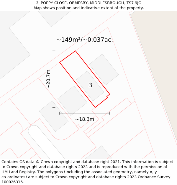 3, POPPY CLOSE, ORMESBY, MIDDLESBROUGH, TS7 9JG: Plot and title map