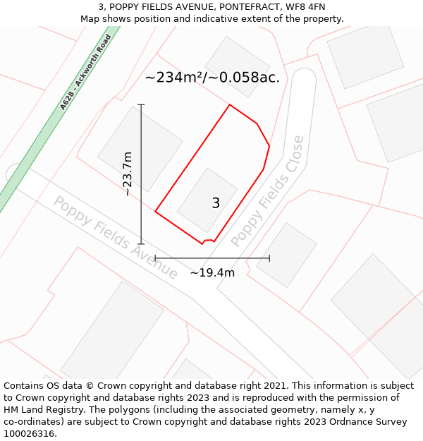 3, POPPY FIELDS AVENUE, PONTEFRACT, WF8 4FN: Plot and title map