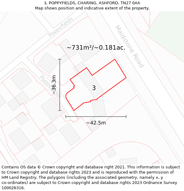 3, POPPYFIELDS, CHARING, ASHFORD, TN27 0AA: Plot and title map