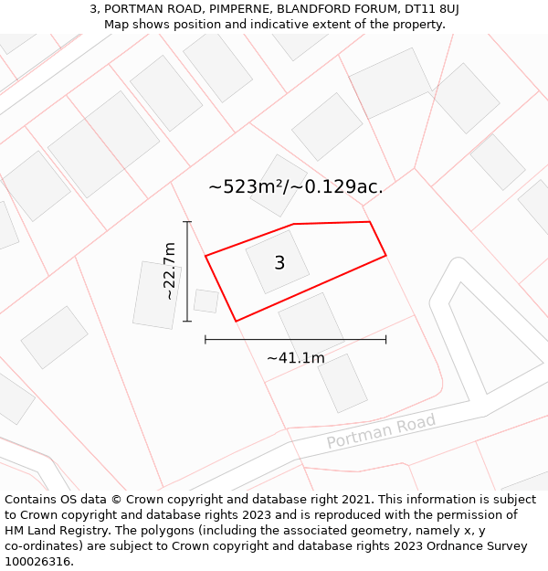 3, PORTMAN ROAD, PIMPERNE, BLANDFORD FORUM, DT11 8UJ: Plot and title map