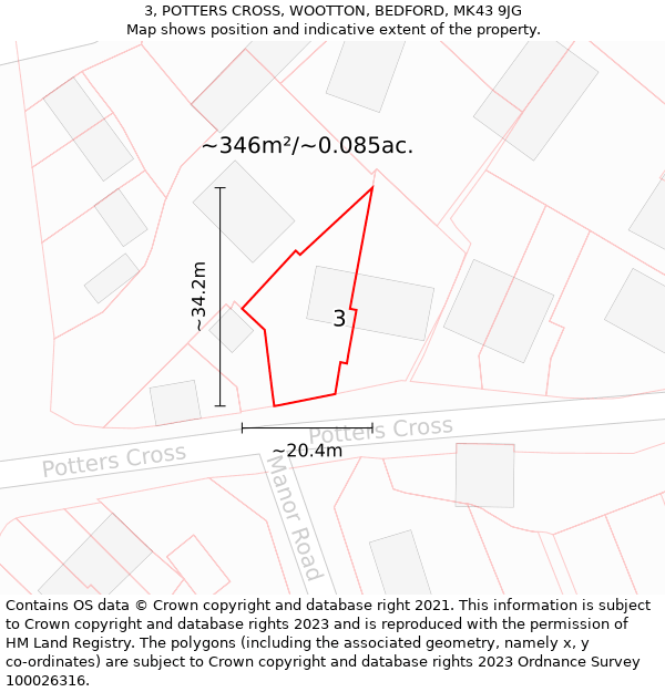 3, POTTERS CROSS, WOOTTON, BEDFORD, MK43 9JG: Plot and title map