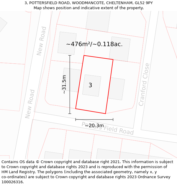 3, POTTERSFIELD ROAD, WOODMANCOTE, CHELTENHAM, GL52 9PY: Plot and title map