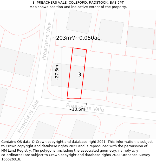 3, PREACHERS VALE, COLEFORD, RADSTOCK, BA3 5PT: Plot and title map