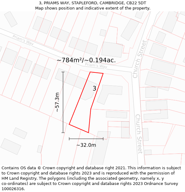 3, PRIAMS WAY, STAPLEFORD, CAMBRIDGE, CB22 5DT: Plot and title map