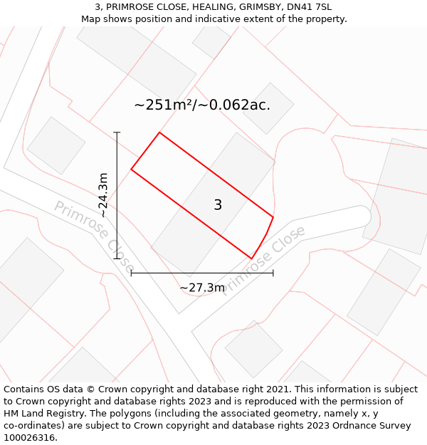 3, PRIMROSE CLOSE, HEALING, GRIMSBY, DN41 7SL: Plot and title map