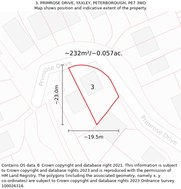 3, PRIMROSE DRIVE, YAXLEY, PETERBOROUGH, PE7 3WD: Plot and title map