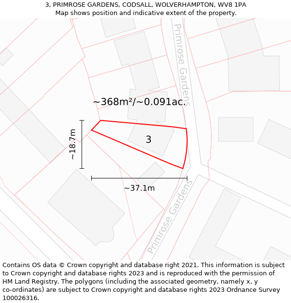 3, PRIMROSE GARDENS, CODSALL, WOLVERHAMPTON, WV8 1PA: Plot and title map