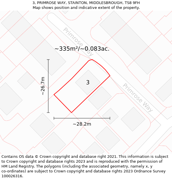 3, PRIMROSE WAY, STAINTON, MIDDLESBROUGH, TS8 9FH: Plot and title map