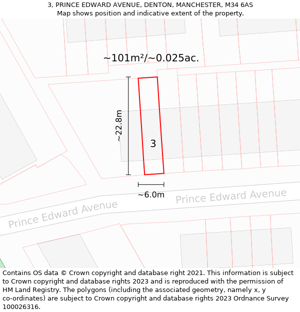 3, PRINCE EDWARD AVENUE, DENTON, MANCHESTER, M34 6AS: Plot and title map