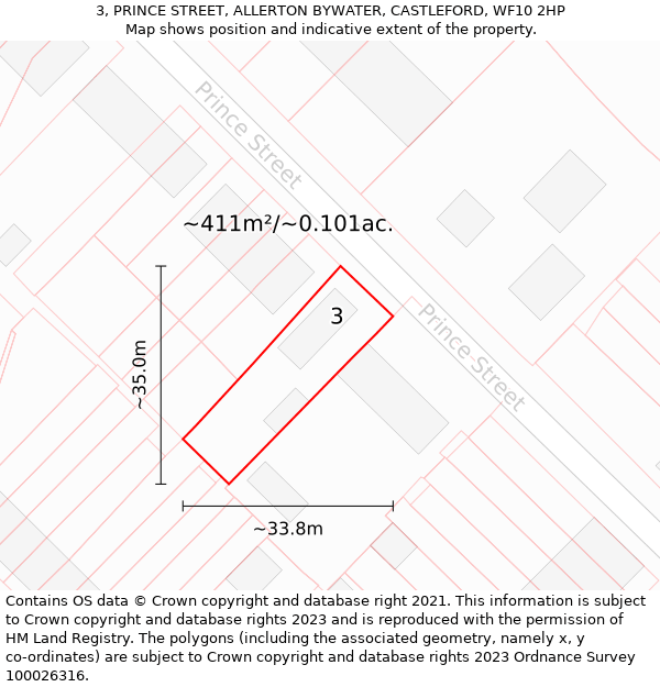 3, PRINCE STREET, ALLERTON BYWATER, CASTLEFORD, WF10 2HP: Plot and title map