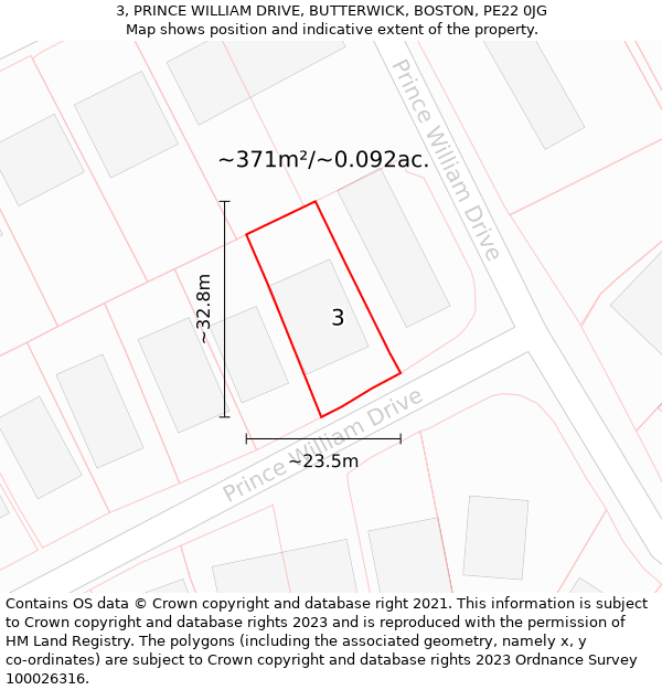 3, PRINCE WILLIAM DRIVE, BUTTERWICK, BOSTON, PE22 0JG: Plot and title map