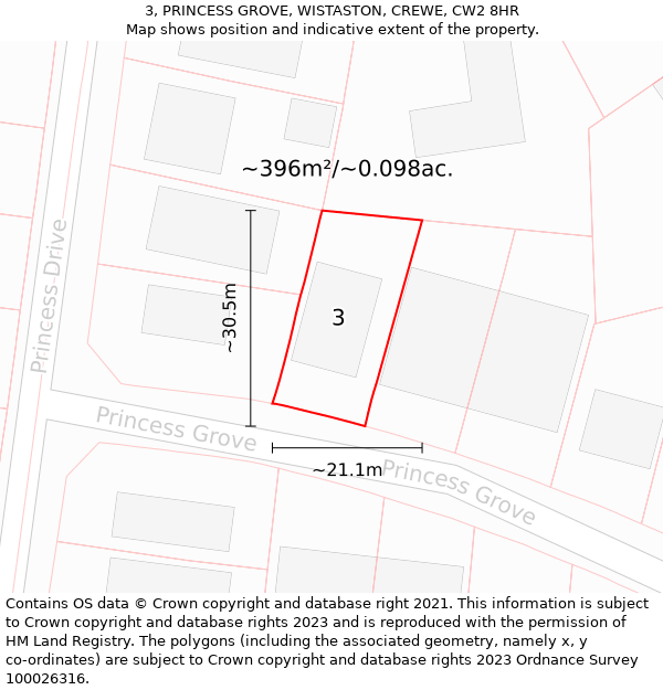 3, PRINCESS GROVE, WISTASTON, CREWE, CW2 8HR: Plot and title map