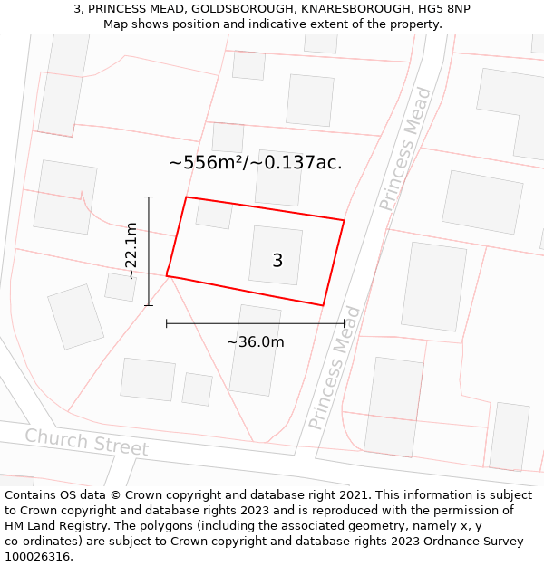 3, PRINCESS MEAD, GOLDSBOROUGH, KNARESBOROUGH, HG5 8NP: Plot and title map