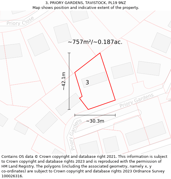 3, PRIORY GARDENS, TAVISTOCK, PL19 9NZ: Plot and title map