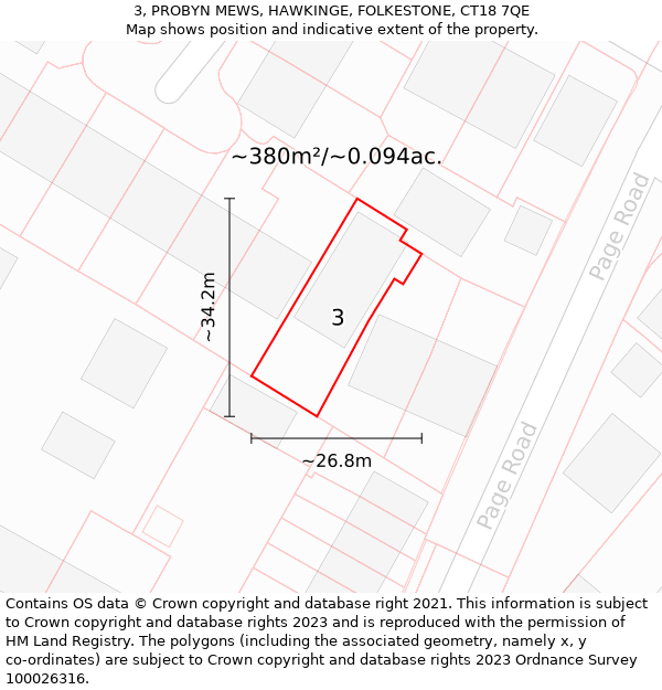 3, PROBYN MEWS, HAWKINGE, FOLKESTONE, CT18 7QE: Plot and title map