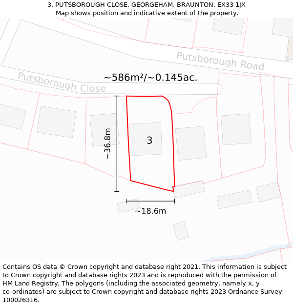 3, PUTSBOROUGH CLOSE, GEORGEHAM, BRAUNTON, EX33 1JX: Plot and title map