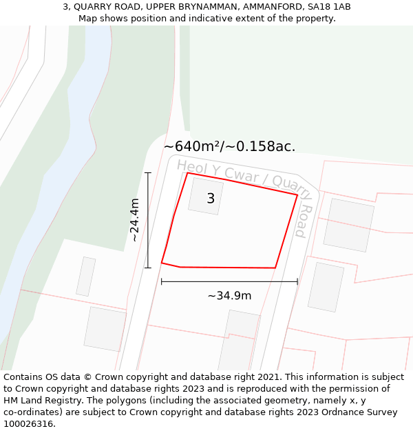 3, QUARRY ROAD, UPPER BRYNAMMAN, AMMANFORD, SA18 1AB: Plot and title map