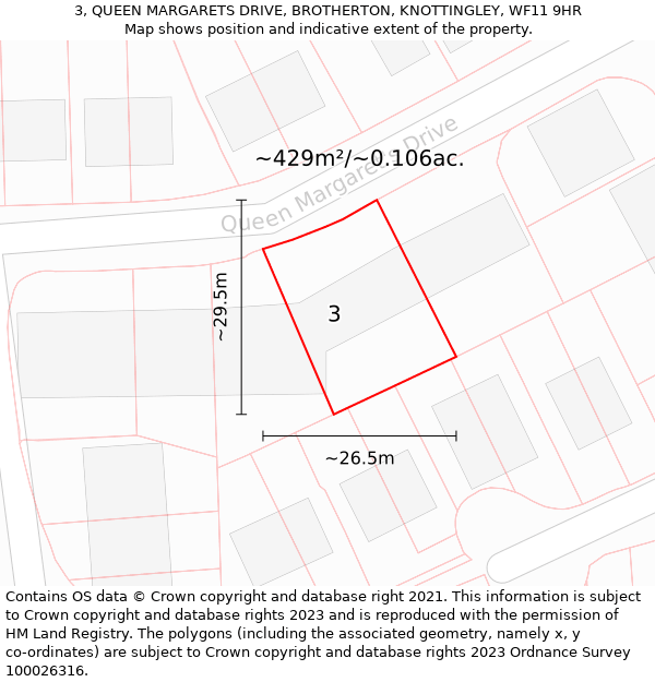 3, QUEEN MARGARETS DRIVE, BROTHERTON, KNOTTINGLEY, WF11 9HR: Plot and title map