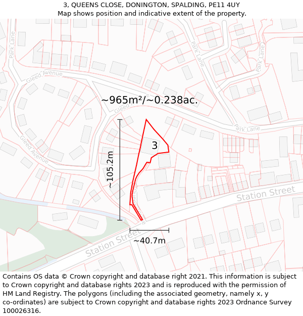 3, QUEENS CLOSE, DONINGTON, SPALDING, PE11 4UY: Plot and title map