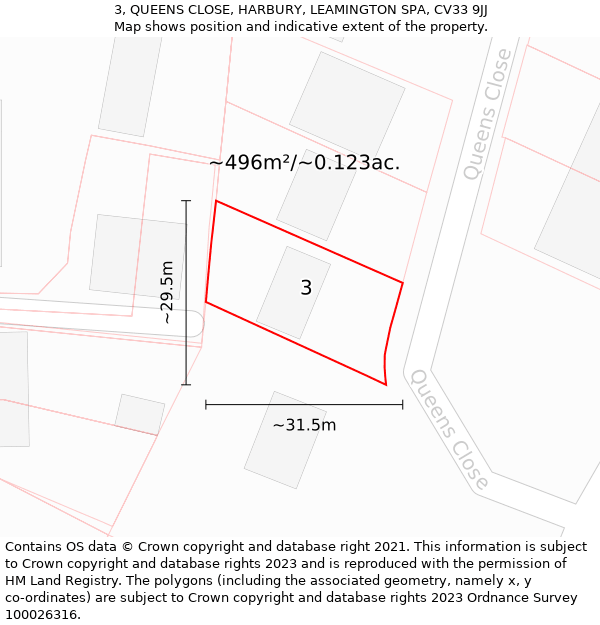 3, QUEENS CLOSE, HARBURY, LEAMINGTON SPA, CV33 9JJ: Plot and title map