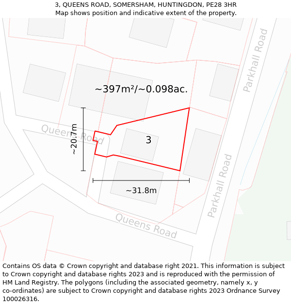 3, QUEENS ROAD, SOMERSHAM, HUNTINGDON, PE28 3HR: Plot and title map