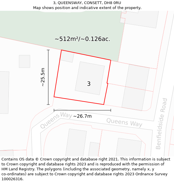 3, QUEENSWAY, CONSETT, DH8 0RU: Plot and title map