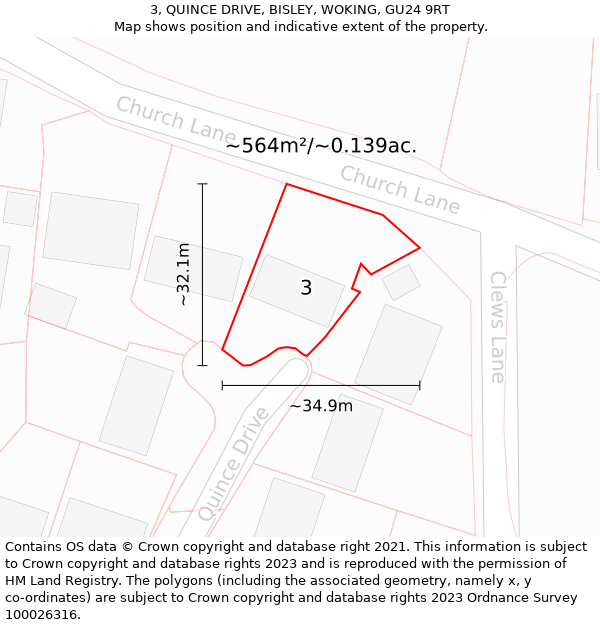 3, QUINCE DRIVE, BISLEY, WOKING, GU24 9RT: Plot and title map