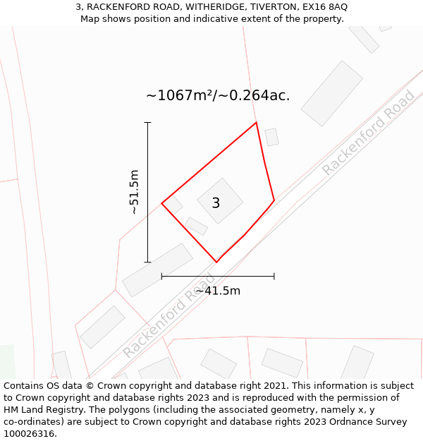 3, RACKENFORD ROAD, WITHERIDGE, TIVERTON, EX16 8AQ: Plot and title map