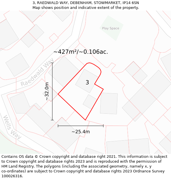 3, RAEDWALD WAY, DEBENHAM, STOWMARKET, IP14 6SN: Plot and title map