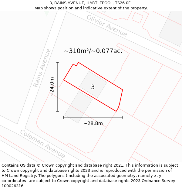 3, RAINS AVENUE, HARTLEPOOL, TS26 0FL: Plot and title map