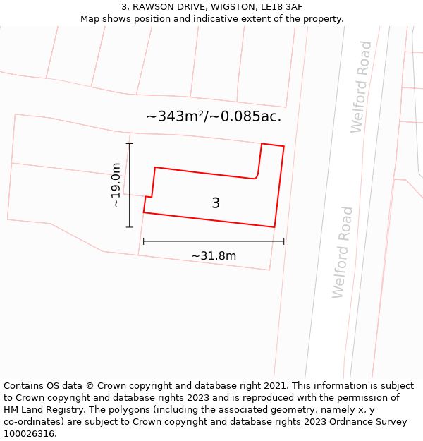 3, RAWSON DRIVE, WIGSTON, LE18 3AF: Plot and title map