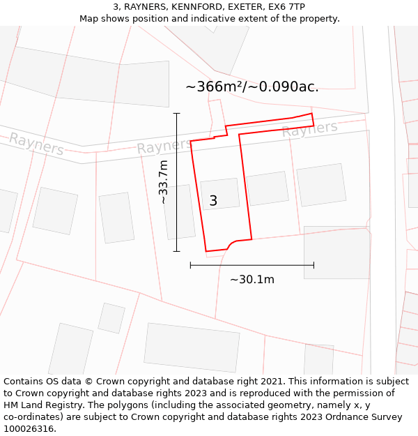 3, RAYNERS, KENNFORD, EXETER, EX6 7TP: Plot and title map