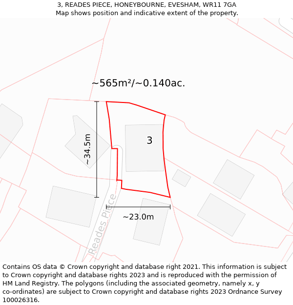 3, READES PIECE, HONEYBOURNE, EVESHAM, WR11 7GA: Plot and title map