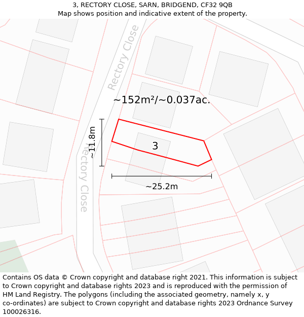 3, RECTORY CLOSE, SARN, BRIDGEND, CF32 9QB: Plot and title map