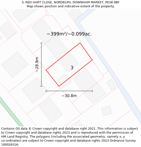 3, RED HART CLOSE, NORDELPH, DOWNHAM MARKET, PE38 0BF: Plot and title map