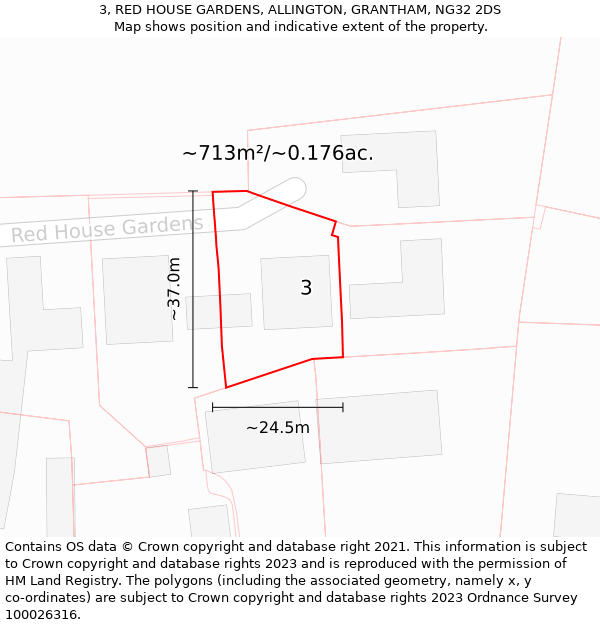 3, RED HOUSE GARDENS, ALLINGTON, GRANTHAM, NG32 2DS: Plot and title map