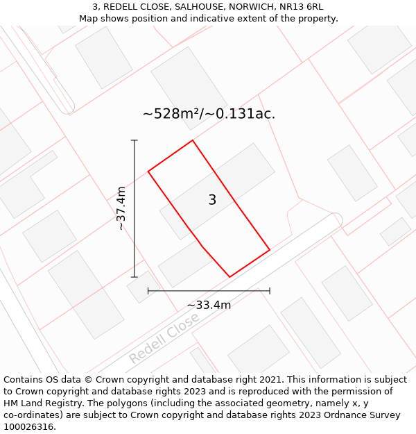 3, REDELL CLOSE, SALHOUSE, NORWICH, NR13 6RL: Plot and title map