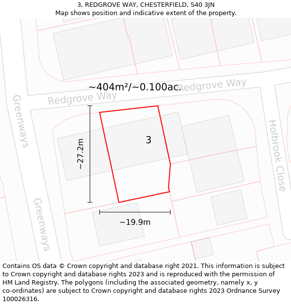 3, REDGROVE WAY, CHESTERFIELD, S40 3JN: Plot and title map