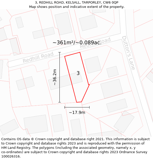 3, REDHILL ROAD, KELSALL, TARPORLEY, CW6 0QP: Plot and title map