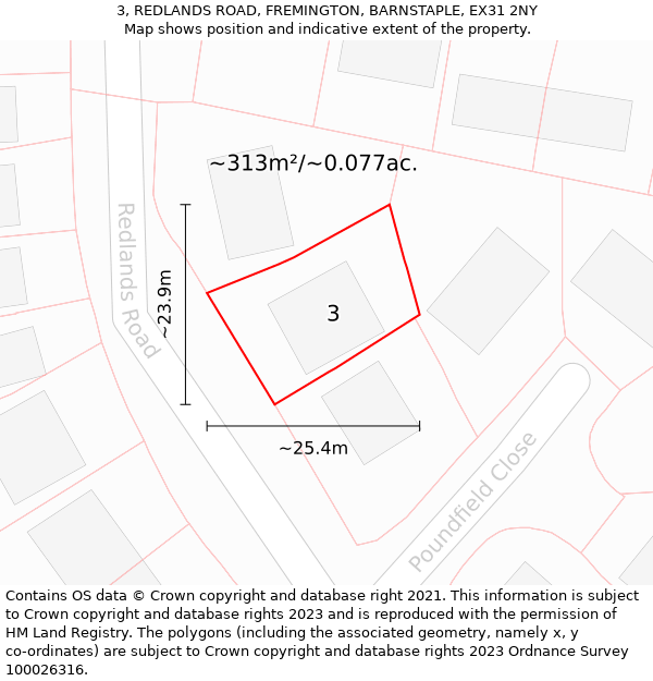 3, REDLANDS ROAD, FREMINGTON, BARNSTAPLE, EX31 2NY: Plot and title map