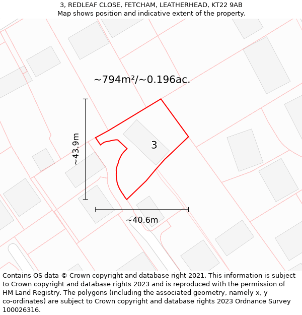 3, REDLEAF CLOSE, FETCHAM, LEATHERHEAD, KT22 9AB: Plot and title map