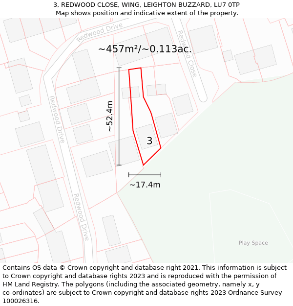 3, REDWOOD CLOSE, WING, LEIGHTON BUZZARD, LU7 0TP: Plot and title map