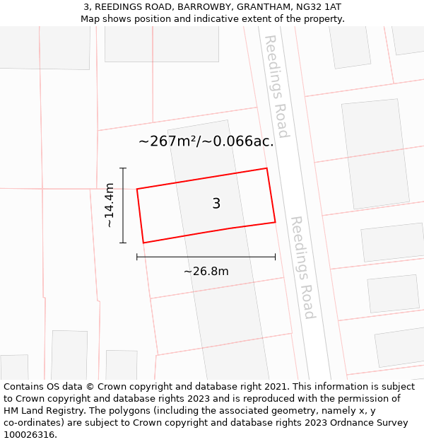 3, REEDINGS ROAD, BARROWBY, GRANTHAM, NG32 1AT: Plot and title map