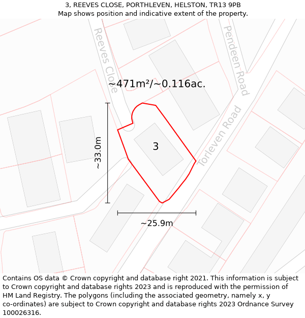 3, REEVES CLOSE, PORTHLEVEN, HELSTON, TR13 9PB: Plot and title map