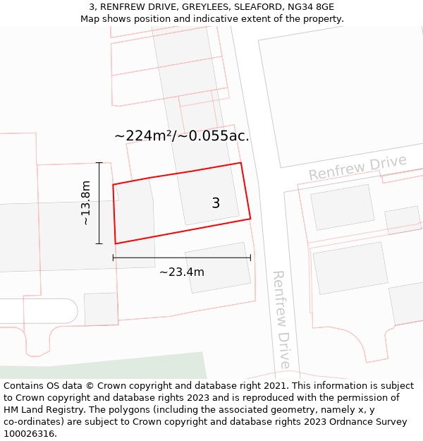 3, RENFREW DRIVE, GREYLEES, SLEAFORD, NG34 8GE: Plot and title map