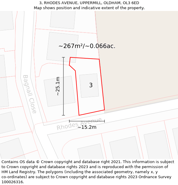 3, RHODES AVENUE, UPPERMILL, OLDHAM, OL3 6ED: Plot and title map