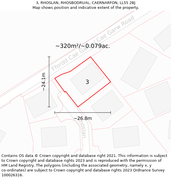 3, RHOSLAN, RHOSBODRUAL, CAERNARFON, LL55 2BJ: Plot and title map